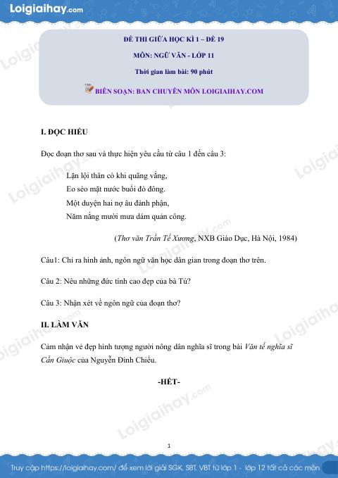 Đề kiểm tra giữa kì 1 Ngữ văn 11 - Đề số 19 có lời giải chi tiết